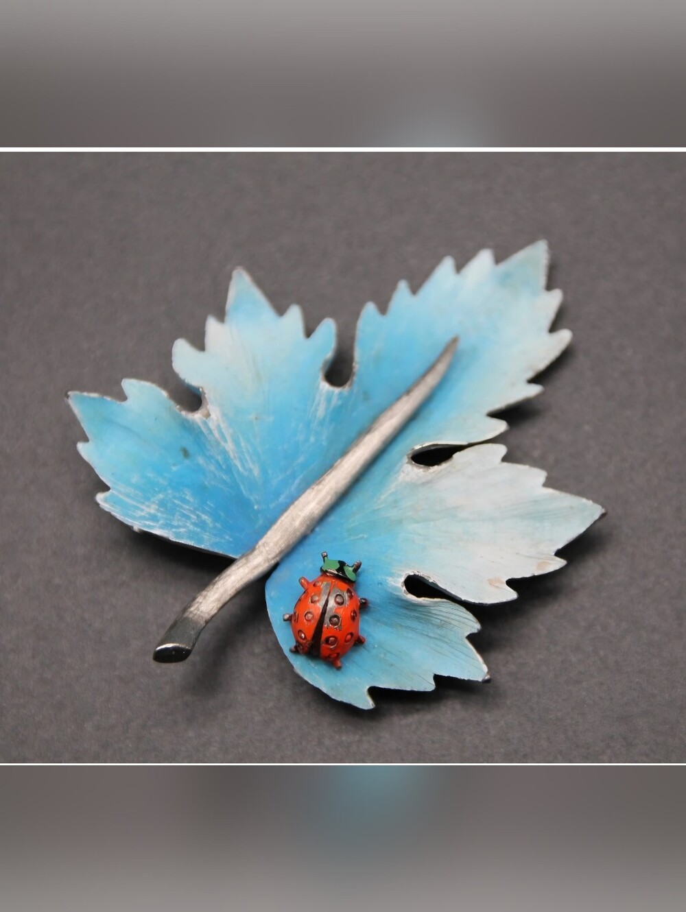 Vintage Blue Painted Maple Leaf with Ladybug Pin Brooch Silvertone